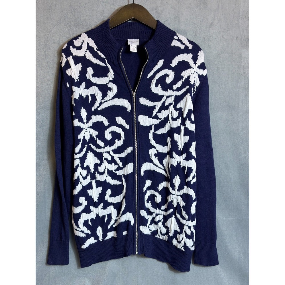 Chicos Weekends Cardigan Sweater Navy w/White Lightweight Beach Summer Nights 3 - Picture 2 of 15